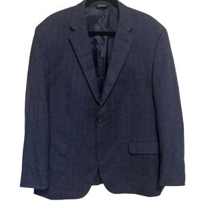Jos A Bank Men Navy Blue Plaid Wool Blend Sport Coat Blazer Jacket Size 46 R